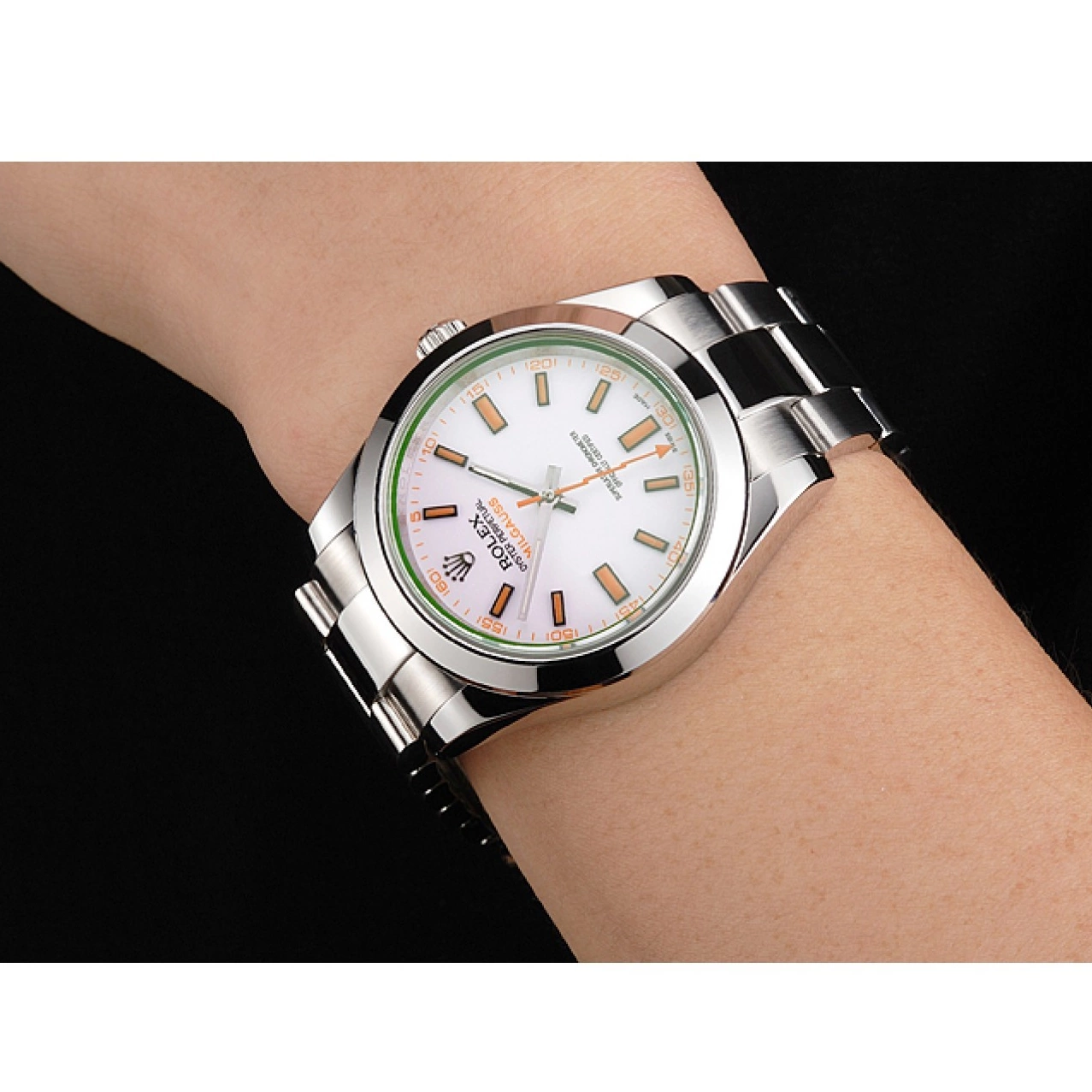 Aaa replica watch Steel Markings Case Orange Dial And White Swiss Stainless Rolex Milgauss Bracelet 0731